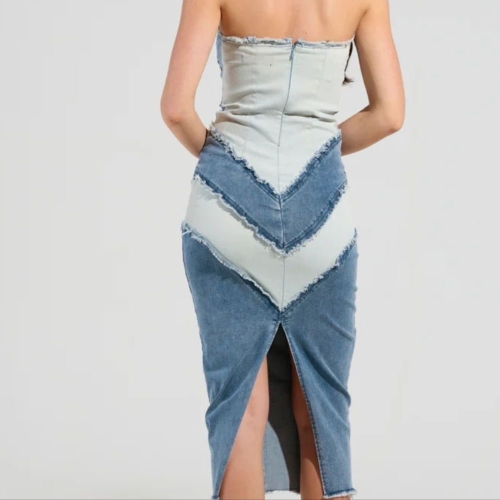 AKIRA Strapless Patchwork Denim Midi Dress in Light & Medium Blue - Picture 2 of 3